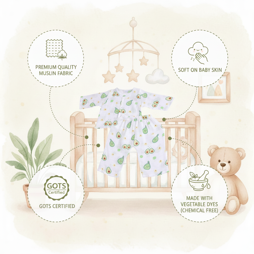 Muslin Night Suit Set - Avocado