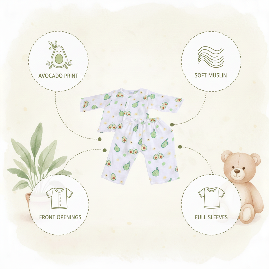 Muslin Night Suit Set - Avocado