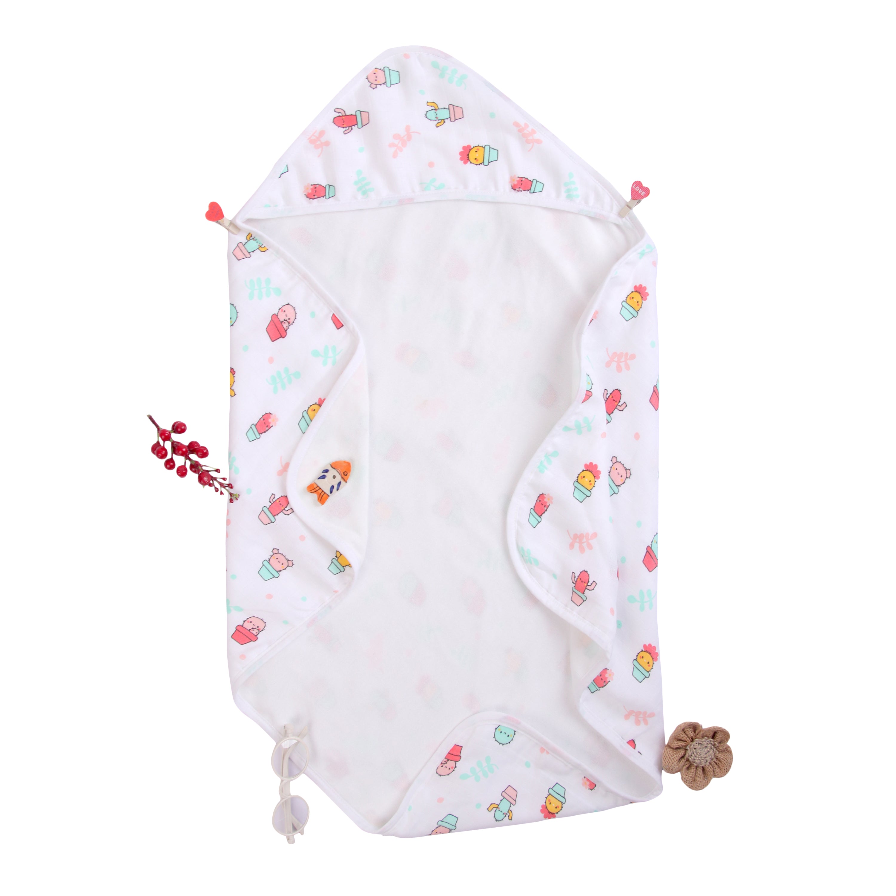 Muslin + Terry Hooded Towel - Cactus Print